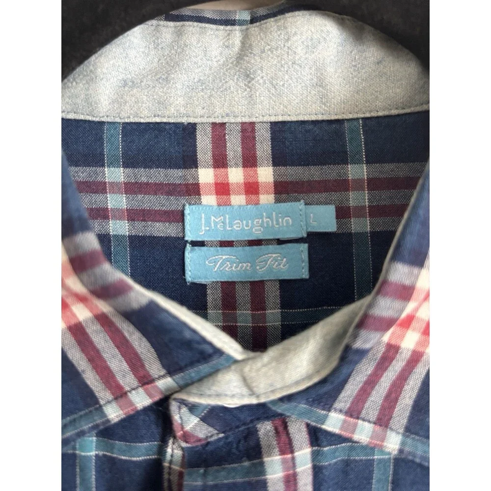 J. McLaughlin Mens‎ Large Trim Fit Casual Button Up Shirt Plaid Preppy Red Blue